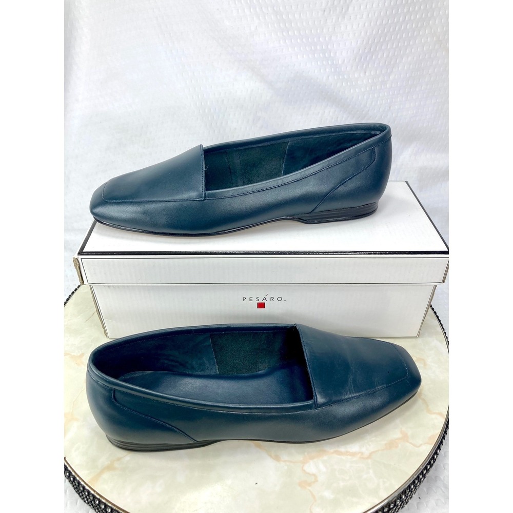 Pesaro Jenny Square Toe Leather Loafers Women 7.5 Navy Blue Office Slip On Shoes